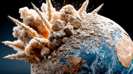 Earth under attack from cosmic forces. Explosions engulf the planet as debris and dust are propelled during a catastrophic cosmic event at night.