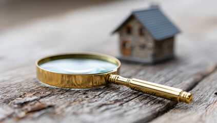 Exploring details of a miniature house. A magnifying glass rests on a wooden surface beside a small model house, highlighting its intricate details.