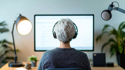 Senior online learner. An elderly person with gray hair wears headphones while focused on an online learning session in a cozy workspace.