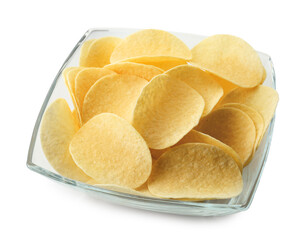 Tasty potato chips in bowl isolated on white