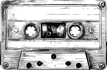 Black and white sketch of a retro cassette tape with intricate details. Vector illustration