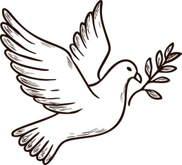 Illustration of a dove with olive branch symbolizing peace in black and white. Vector illustration in sketch style