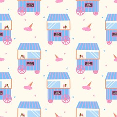Seamless pattern with colorful ice cream carts, melting cones, and hearts on a light background. Perfect for kids, summer products, and playful designs.
