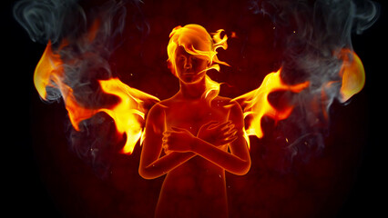 Fiery girl with flaming wings. 3d render and real fire flames.