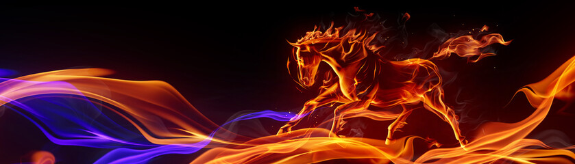 A horse gallops against the fire background