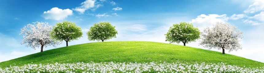 Obraz premium Dotted with trees, a lush green hilltop lies under a vibrant sky