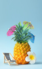 White flower, chair and pineapple. Summer pool float party idea. Summer concept.
