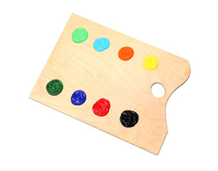 Wooden palette with paints isolated on white, top view