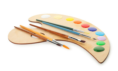 Wooden palette with paints and brushes isolated on white