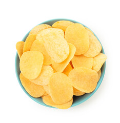 Tasty chips in bowl isolated on white, top view