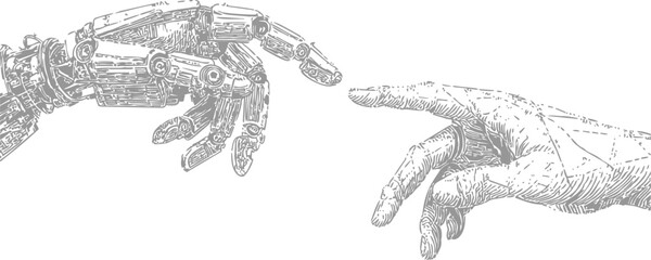 Mechanical and human hand reaching out in a pencil sketch, concept of connection. Vector illustration