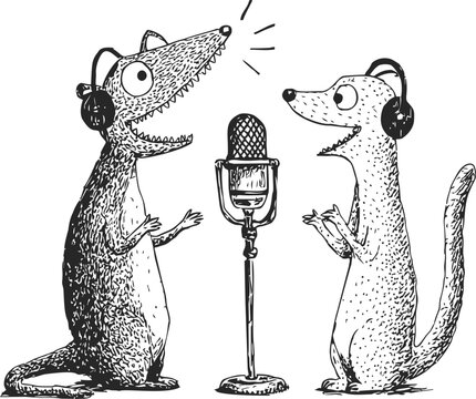 Two cartoon animals podcasting with headphones and microphone in black and white. Vector illustration