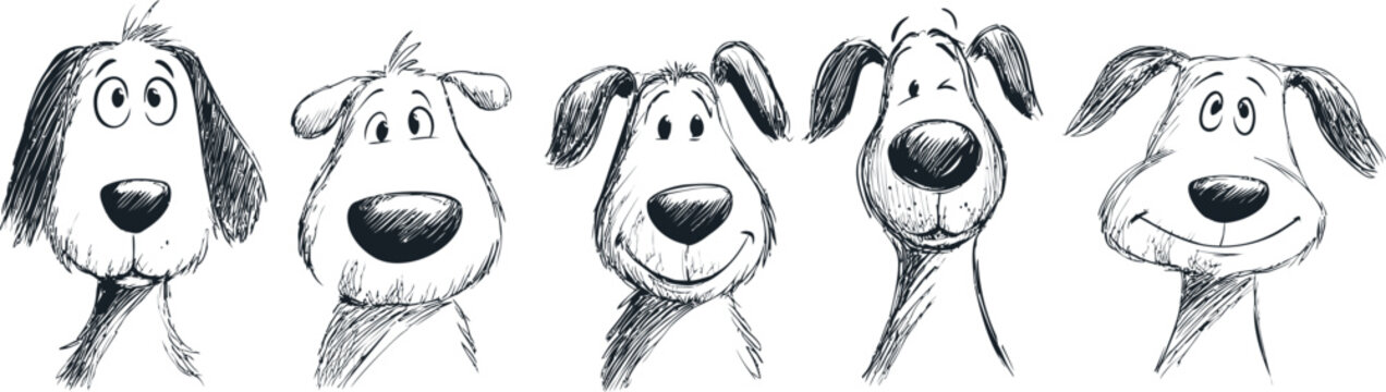 Sketch of five cartoon dogs with smiling expressions in black and white style. Vector illustration