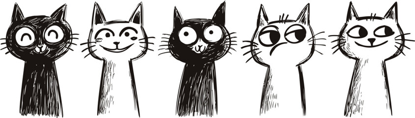 Five cartoon cats with varying facial expressions, black and white drawing. Vector illustration © Oksi