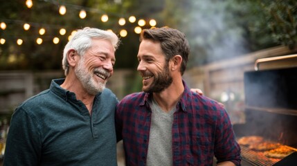 Happy father and adult son enjoying a backyard barbecue with warm lights in the background perfect for father's day