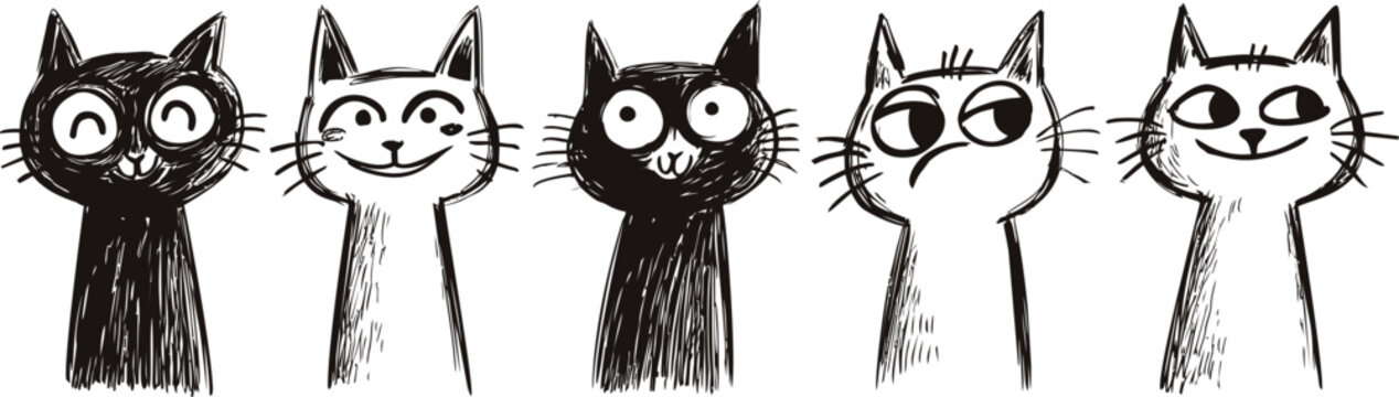 Five cartoon cats with varying facial expressions, black and white drawing. Vector illustration
