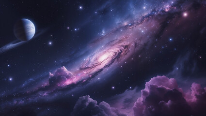 Fototapeta premium Blue light illuminates a dark, abstract planet in the deep starry cosmos