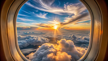 Breathtaking view of a vibrant sunset above the clouds seen through an airplane window