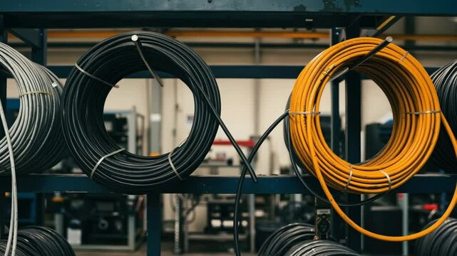 Electrical wire coils organized on metal rack in warehouse. Industrial cable spools in various sizes and colors. Electrical supply inventory for construction projects