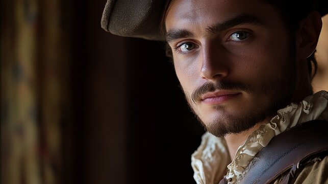 Bearded Man in Renaissance Costume looks forward against a dimly lit backdrop with a patterned wall.
