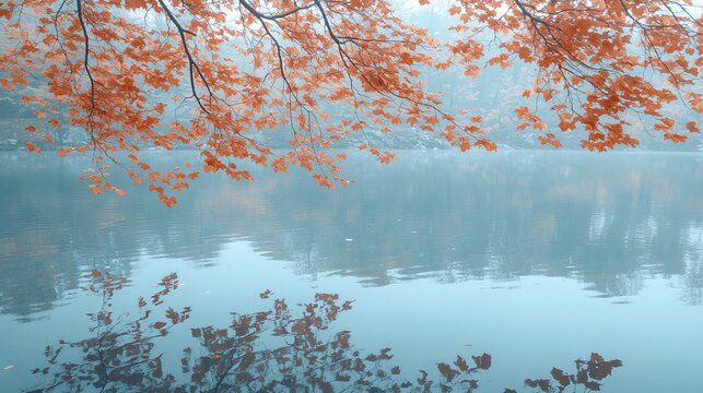 Autumn branches overhang still lake waters reflecting the foliage above in a serene landscape.