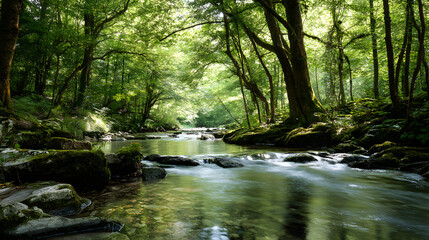 Obraz premium A serene view of a lush green forest with a tranquil stream flowing peacefully through the rocks.
