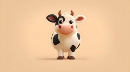 Fototapeta premium A cheerful cartoon cow with black and white spots, smiling against a soft beige background.