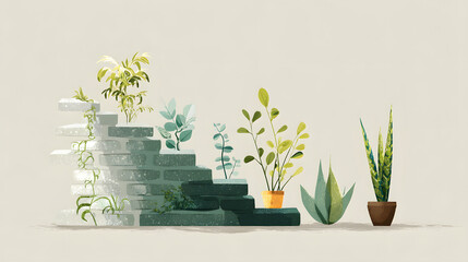 A serene arrangement of various plants on steps, showcasing greenery and tranquility in an artistic depiction.