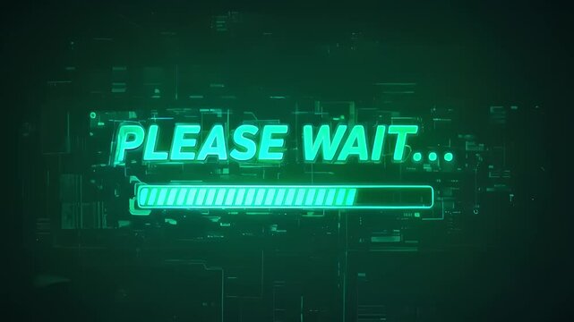 Digital loading screen with glowing text indicating 'Please wait' and progress bar in blue tones