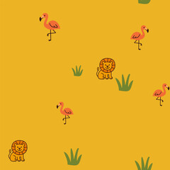 Bright seamless pattern with lion, flamingos, and grass. Naive African cartoon in warm tones, ideal for Earth Day projects and children’s products.