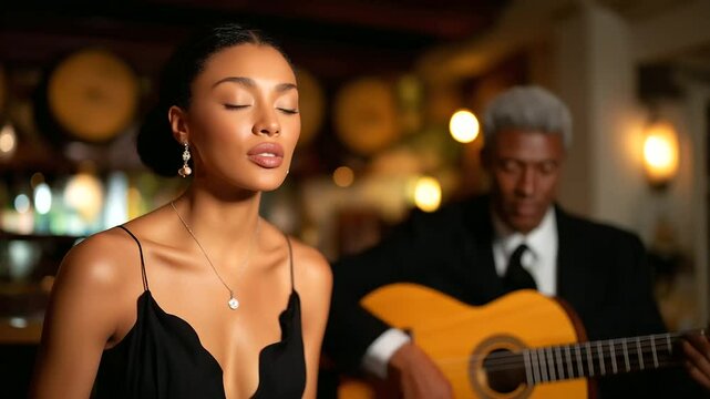A guitarist and singer duet in a dimly lit bodega