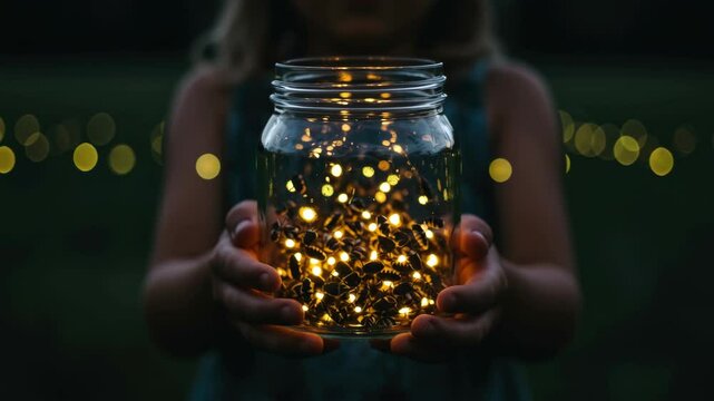 Child holding illuminated glass jar with fairy lights in darkness. Magical evening atmosphere. Wonder and enchantment concept. Summer night outdoor celebration
