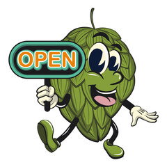 vintage hops vektor illustration mascot character showing a sign that says open, work of hand drawn