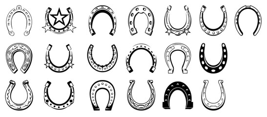 Horse Shoe Collection: A black and white array of various horse shoes, each meticulously detailed and decorated, exuding vintage charm and symbolizing good fortune.
