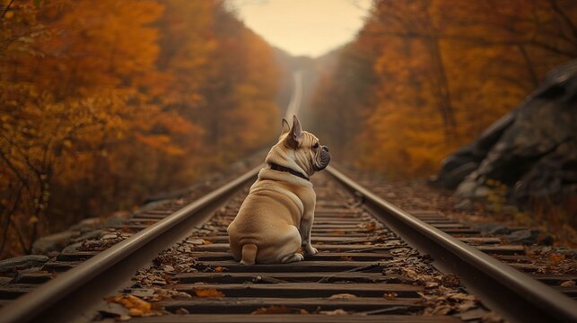 Bulldog sits on old train tracks amidst a vibrant autumn forest landscape. - high quality Bulldog sits on old train tracks amidst a vibrant autumn for