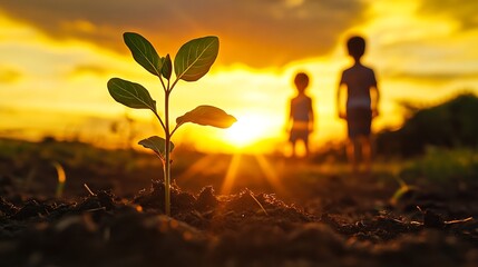 Young plant growing in soil at sunset with kids in background

