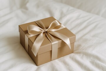 Elegant gift box adorned with a silk ribbon resting on soft white bedding in serene indoor setting