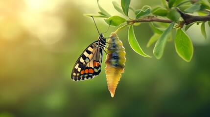 Butterfly is perched on a green pupa hanging from a branch with green leaves in a natural setting.