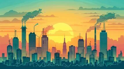 Sunrise Over Industrial City, Air Pollution, Factories, Smog, Environmental Issues Concept.