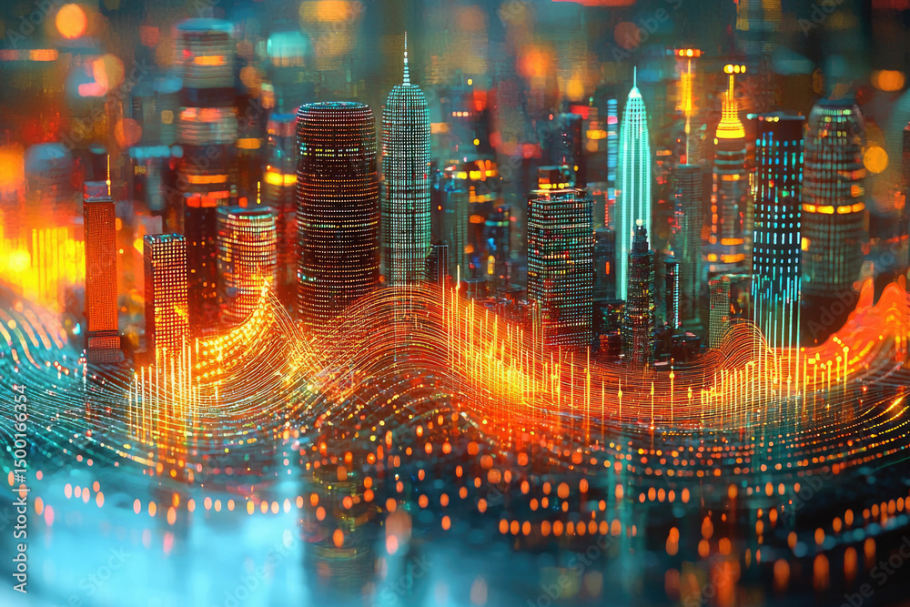 Poster a vibrant, futuristic cityscape illuminated with digital data streams, showcasing technological adva