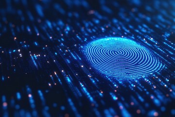 Digital Fingerprint Scan on Blue Circuit Board Background