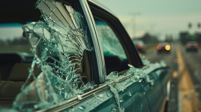 Broken Car Window, Damaged Automobile Glass, Vandalism, Accidents, Automotive Repair, Road Mishap