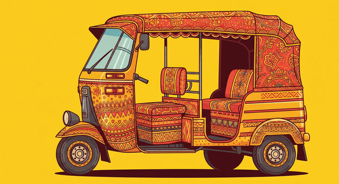 Vintage Indian auto rickshaw illustration in crazy Indian artwork style, bright colorful art of auto