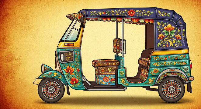 Vintage Indian auto rickshaw illustration in crazy Indian artwork style, bright colorful art of auto
