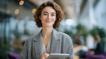 A confident businesswoman using a tablet in a modern office environment
