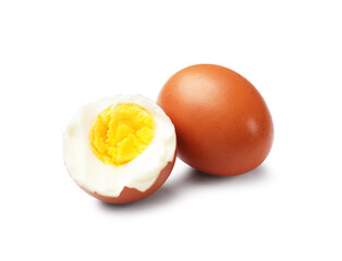 Tasty hard boiled eggs on white background