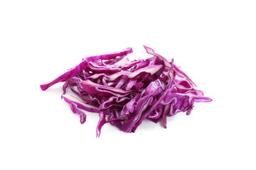 Pile of shredded red cabbage isolated on white, above view