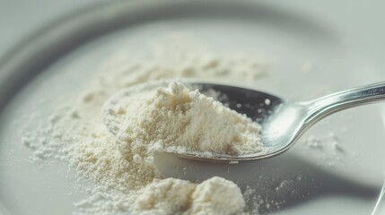 Close-up of a spoonful of white powder on a plate.