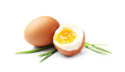 Soft boiled eggs with green onions isolated on white