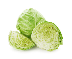 Whole and cut cabbages isolated on white